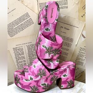 Anthropologie Larroude Miso Platform Slide Sandal Pink Linen Palm Tree